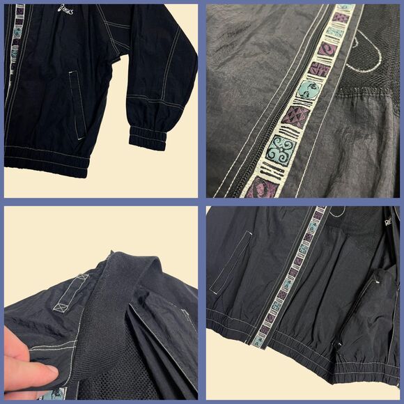 Vintage 90s M Asics windbreaker, 1990s zip up black & purple nylon jacket - Picture 2 of 5